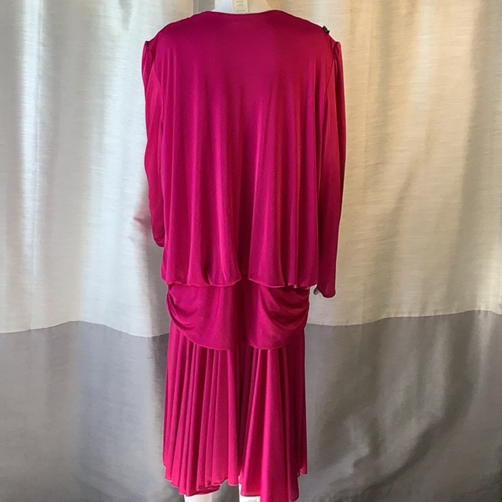 WHY Plus Size 21/22 Pink Beaded Shoulder Drop Waist Long Sleeve Evening Dress - Picture 8 of 12